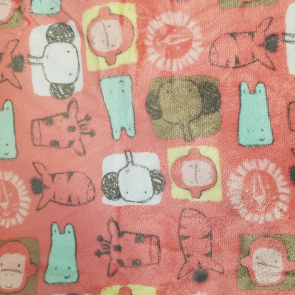 Mini‎ B Salmon Coral Pink Minky Baby Blanket Jungle Zoo Animals Baby Girl EUC